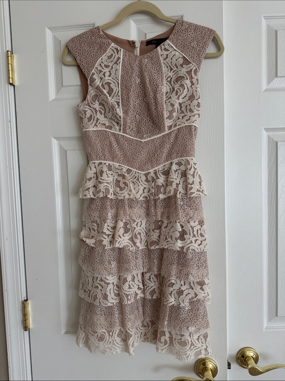 BCBGMaxAzria Blush and Cream Lace Tiered Midi Dress